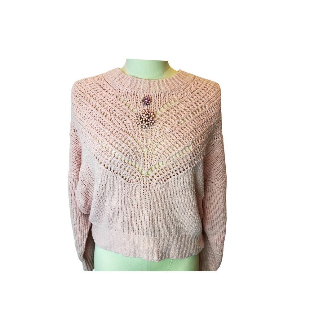 Upcycled Pink IRO Cotton Sweater with Vintage Brooch & Flower Pins | Size S